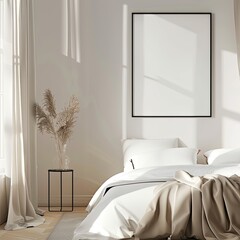 Contemporary Serenity: Minimalist Bedroom with Black Portrait Frame
