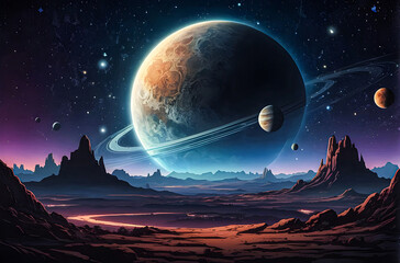 Space-themed scene with planets and stars against a twilight sky vector art illustration image.
