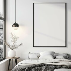 Contemporary Serenity: Minimalist Bedroom with Black Portrait Frame
