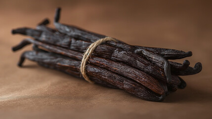 Obraz premium Aromatic vanilla pods tied together on rustic brown background. a bundle of dried vanilla pods, artfully placed on a textured brown backdrop, exuding natural warm tones