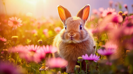 Cute Easter bunny in a field with flowers in nature, in the sun's rays.