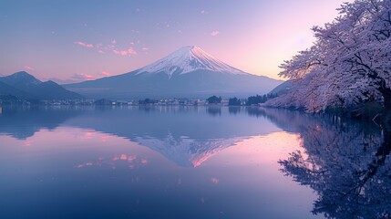 Fuji Mount and cherry blossom reflection on Lake Kawaguchiko, Japan. Blue sky, Spring, Sakura