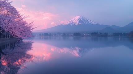 Fuji Mount and cherry blossom reflection on Lake Kawaguchiko, Japan. Blue sky, Spring, Sakura