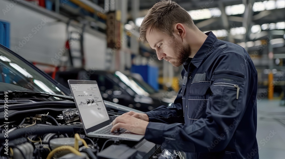 Poster a mechanic using a laptop to guide automated diagnostic tools during engine inspection.