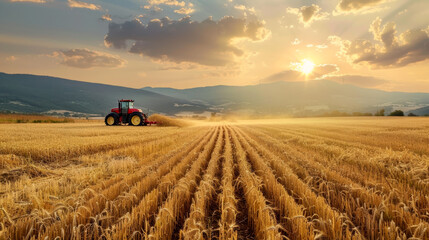 Wheat field at sunset, agricultural fields with tractor, Harvester machine working at wheat field.