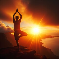 A silhouette of a man who is engaged in yoga against the background of the rising sun for a worldwide yoga.
