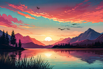 A serene lakeside scene with calm waters reflecting the vibrant colors of the sunset sky and silhouetted mountains in the distance vector art illustration image.
