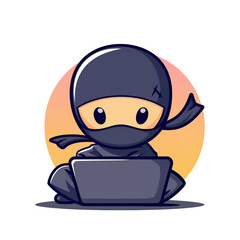 Cute ninja working on laptop