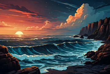 Rocky cliffs overlooking a turbulent ocean under a dramatic twilight sky vector art illustration image.
 - Powered by Adobe