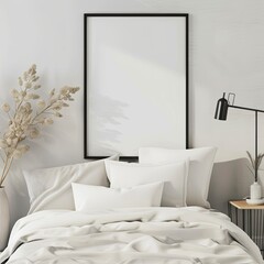 Contemporary Serenity: Minimalist Bedroom with Black Portrait Frame
 - obrazy, fototapety, plakaty