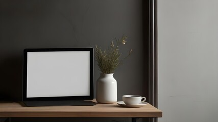 White frame for design, layout, Mockup. Against the background of night lights, with designer accessories,Modern office interior with a blank white canvas frame on the wall, furniture, and decorative 