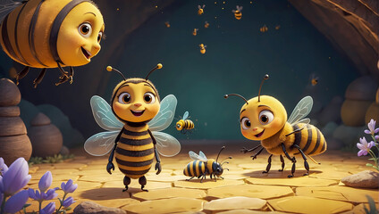 Cute small cartoon bee character hanging out by the beehive interacting with other bees and the queen bee - obrazy, fototapety, plakaty