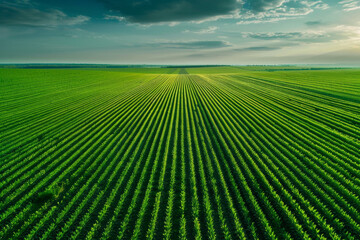 Aerial view of symmetrical rows of crops in a vast agricultural field, creating a mesmerizing pattern that stretches to the horizon.