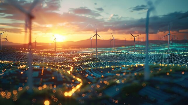 Tax financial model intertwined with the energy sector, solar and windmills casting dynamic holograms of financial data, the juxtaposition of nature and finance. Generative AI.