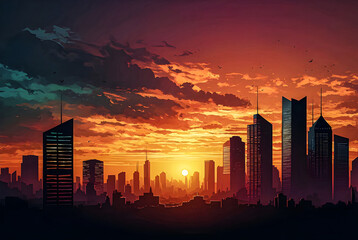 Silhouette of city skyline against a fiery sunset sky vector art illustration image.
