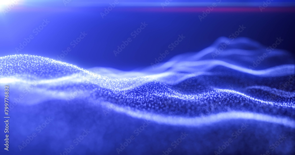 Poster blue energy glowing magic waves from particles of lines with light rays. abstract background