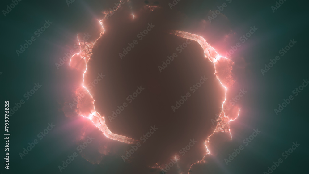 Poster yellow swirling circle frame of multicolored lines of energy particles. abstract background