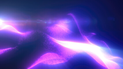 Purple energy futuristic waves with light rays and energy particles. Abstract background