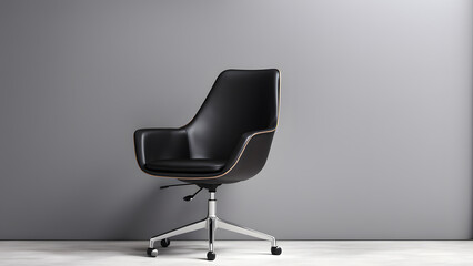A black office chair sits in front of a gray wall