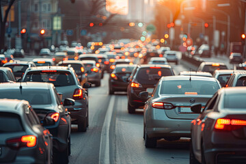 Car rush hours city street. Cars on highway in traffic jam

