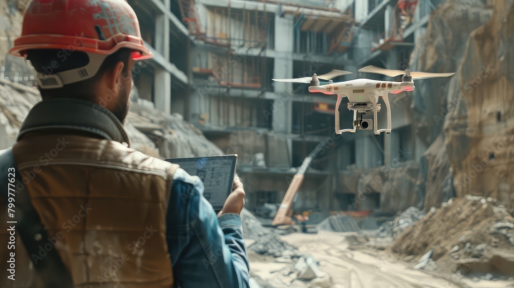 Poster a futuristic concept photo merging a drone surveying a construction site with an engineer monitoring