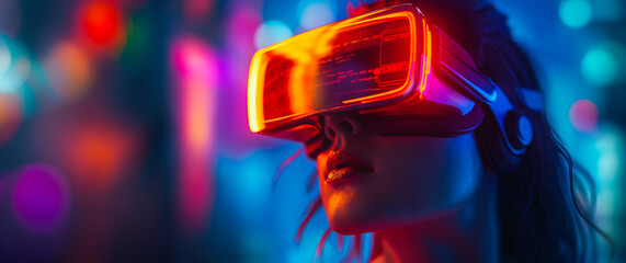 Double exposure of woman wearing VR headset with ai data analyst.  Virtual entertainment