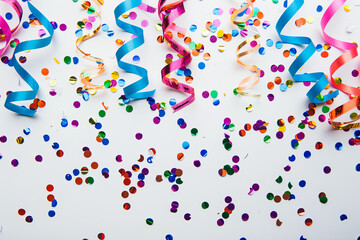 Celebration,party backgrounds concepts ideas with colorful confetti,streamers on white.Flat lay design
