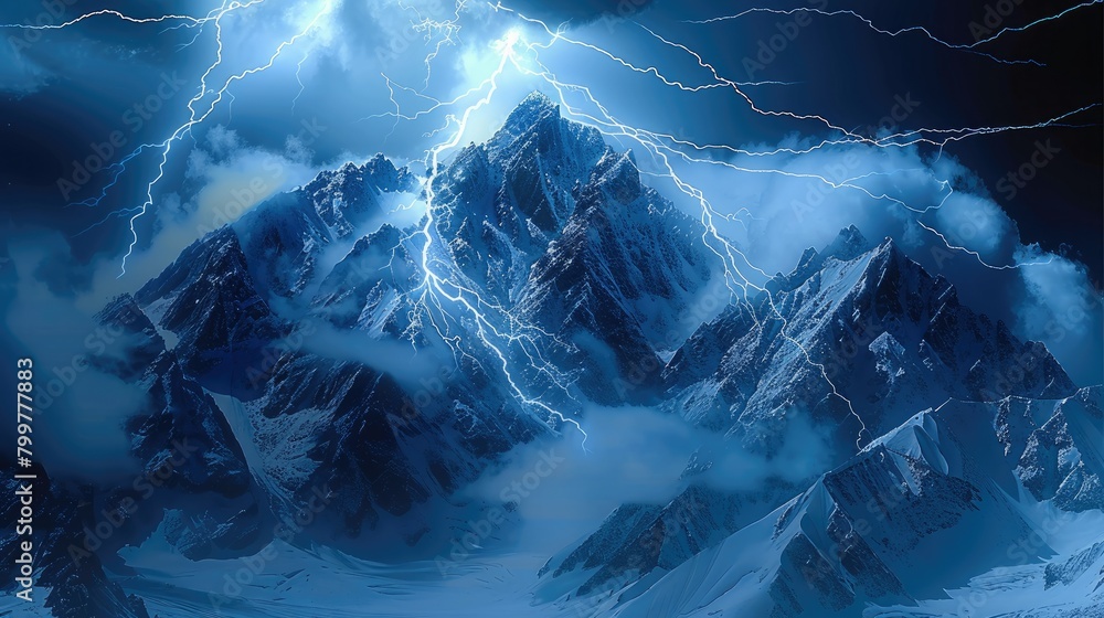 Poster multiple strong lightning strikes on the peak of a snow covered mountain. generative ai.