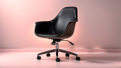 A black office chair sits on a white floor