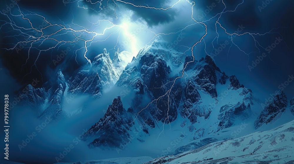 Poster multiple strong lightning strikes on the peak of a snow covered mountain. generative ai.