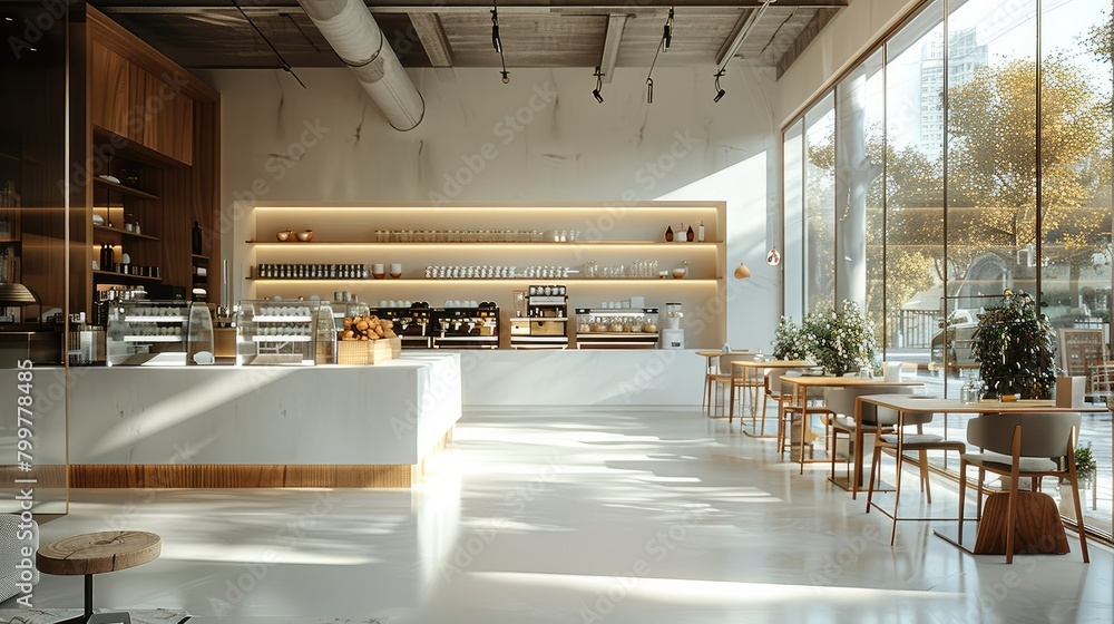 Poster Modern architecture interior design, a minimal style cafe, a small cafe with dining area and counter. Generative AI.