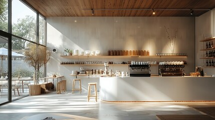 Modern architecture interior design, a minimal style cafe, a small cafe with dining area and counter. Generative AI.