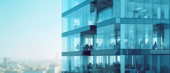 Modern office building with glass facade, urban landscape.