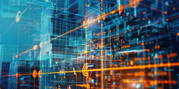 An innovative double exposure featuring architectural blueprints merging with engineering formulas and equations, symbolizing design and analysis. 