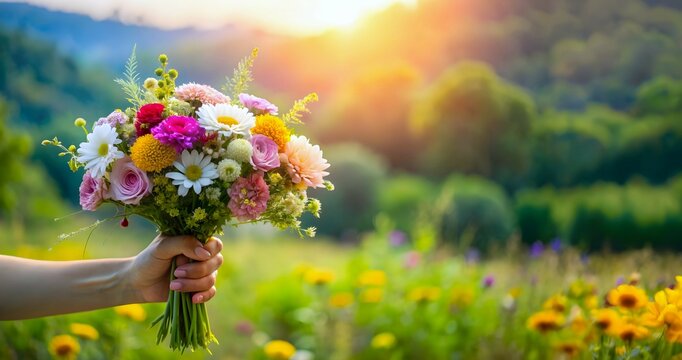 A beautiful flower bouquet is being offered in a garden resenting concept like Valentine's day