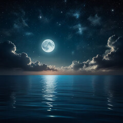 Fototapeta na wymiar Romantic Moon With Clouds and Starry Sky Over Sparkling Blue Water