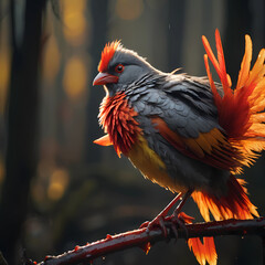 Medium shot, Gray and red feathers on a bird, in the style of yellow and orange, water drob, moody lighting, best quality, full body portrait, real picture, intricate details, depth of field, in a for