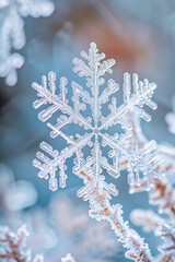 A closeup view of  an unique crystalline structures of individual snowflakes, with their symmetrical patterns and intricate details creating a mesmerizing minimalist composition