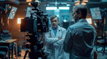 A doctor and a journalist in a TV studio during the recording of a doctors talkshow. Generative AI.
