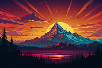 Mountain range silhouetted against a colorful sunset vector art illustration.
