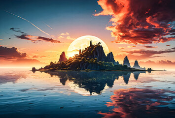 Surreal landscape with floating islands and a dramatic sunset vector art illustration.
