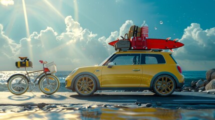 Mini car, surfboard, beach, summer travel concept.