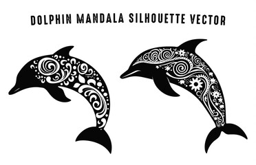 Dolphin mandala black and white silhouette vector art