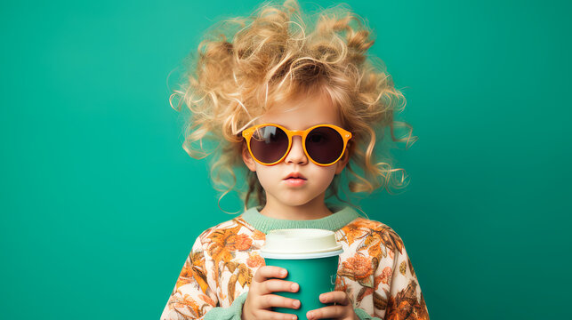 Portrait of a curly girl with a paper glass of coffee on a green background in watercolor style. Cheerful daring modern child in fashionable sunglasses