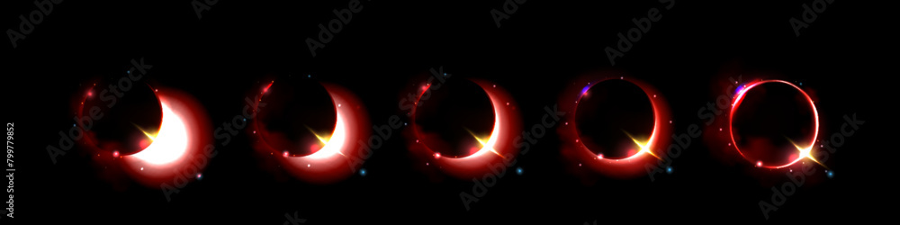 Poster red space solar eclipse light glow in galaxy vector. neon universe planet flare and ray abstract out
