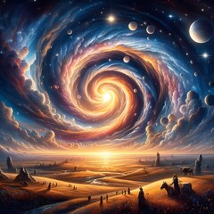 Celestial Swirl  abstract colorful shapes swirling and converging in a cosmic Display