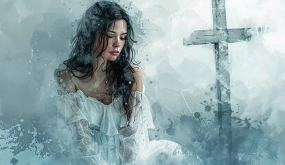 watercolor beautiful elegant young woman in white dress with long hair sitting on the cross, faded soft pastel blue and beige colors, watercolor background of light gray color, realistic