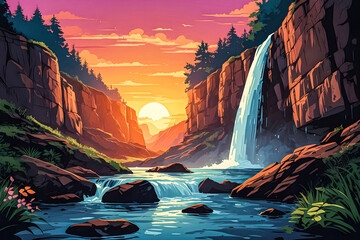 Waterfall cascading down a rocky cliff under a colorful sunset vector art illustration.
