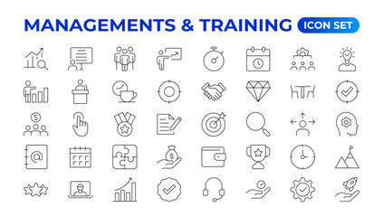 Business or organisation management icon set. Containing manager, teamwork, strategy, marketing, business, planning, training, employee icons. Solid icons vector collection. outline icon collection.