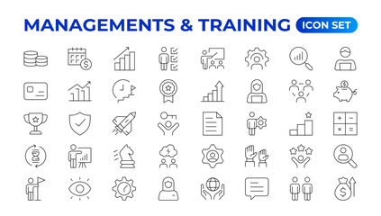 Business or organisation management icon set. Containing manager, teamwork, strategy, marketing, business, planning, training, employee icons. Solid icons vector collection. outline icon collection.